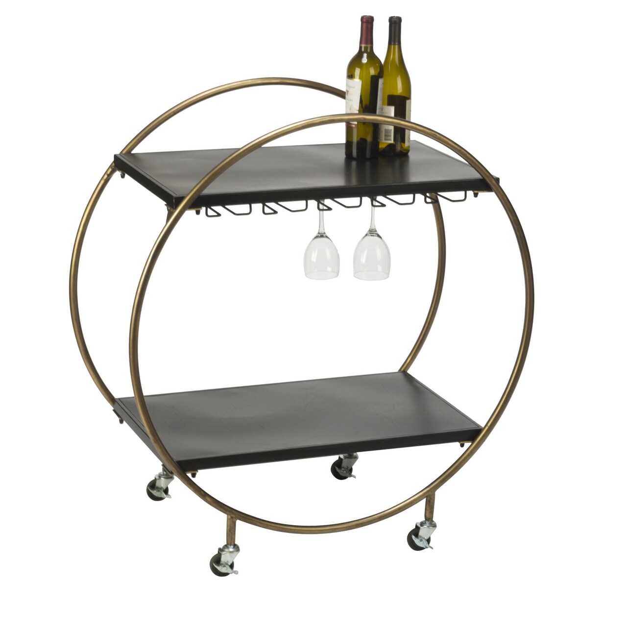 Tripar International 37.25" Black and Gold Rolling Bar Cart Round Metal Frame and 2 Wooden Shelves